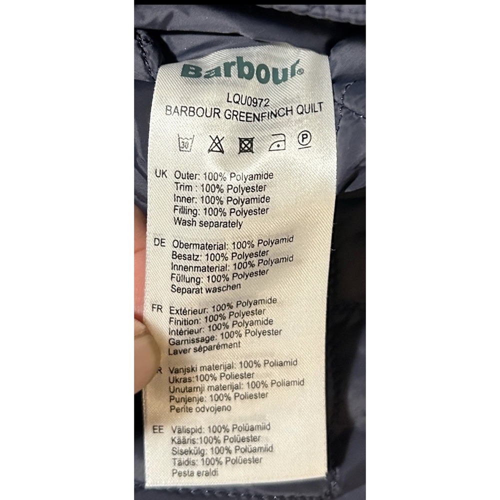 Barbour Greenfinch Midi Jacket Womens Sz 12 Navy Blue Hooded Shoulder Patches - Picture 6 of 14
